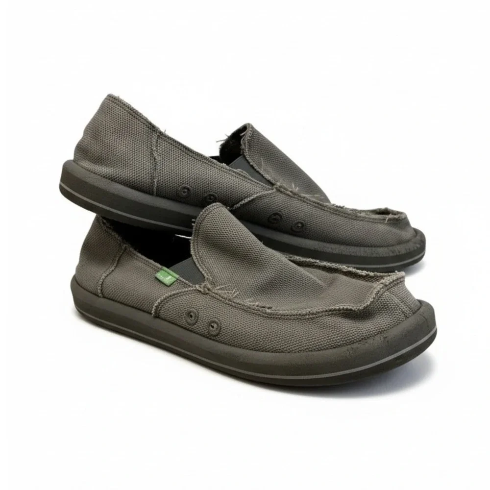 Sanuk Vagabond Mens Charcoal Grey Canvas Frayed Slip On Loafers Size 8
